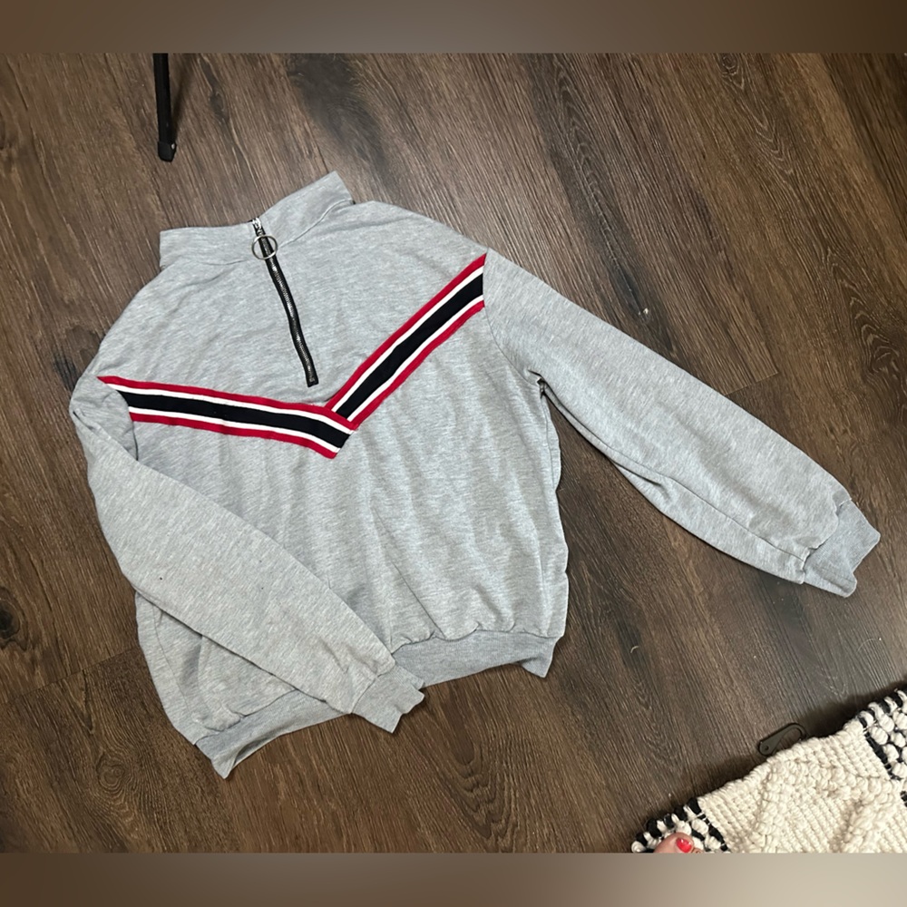 Gray Quarter-Zip Sweatshirt with Red and Black Stripes